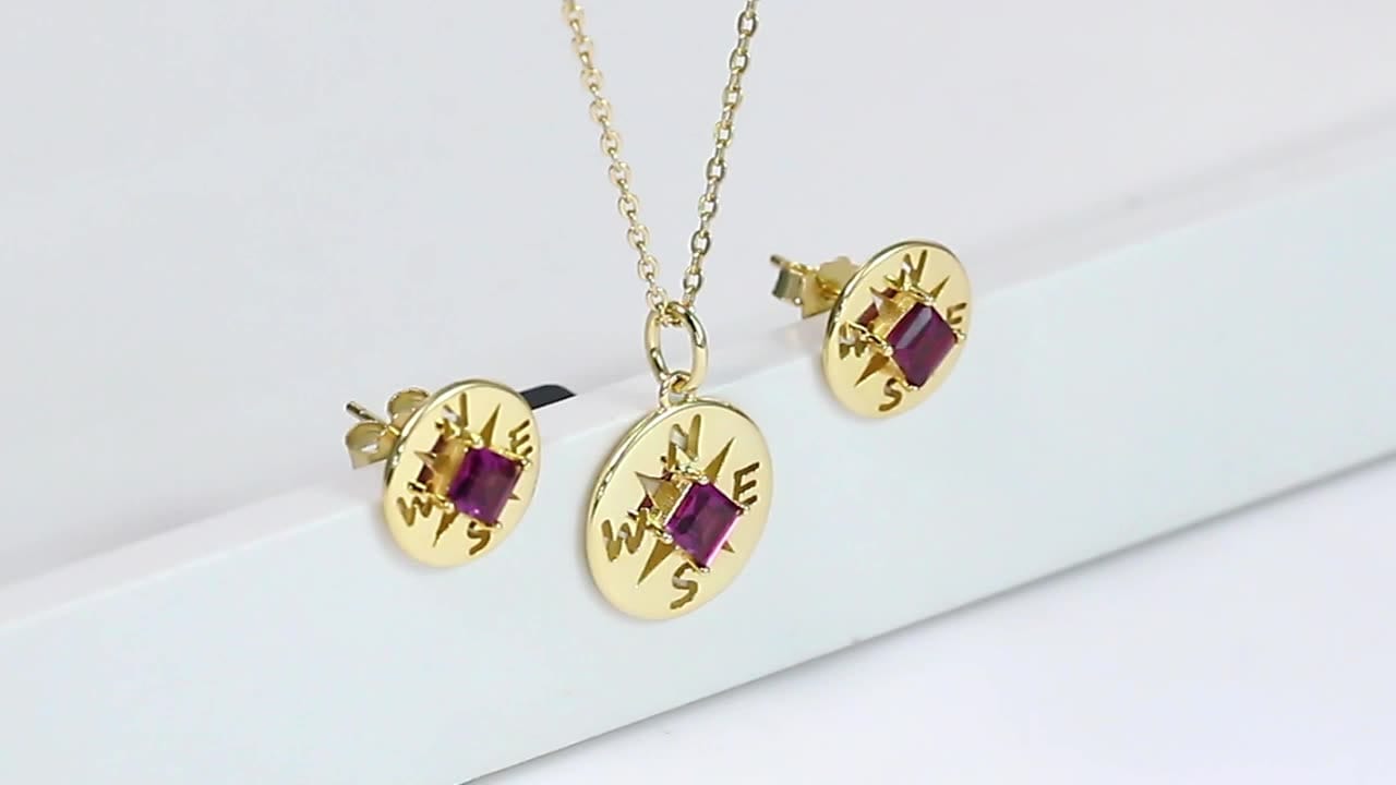 RINNTIN Personalized  You are my Compass Genuine 925 Sterling Silver Natural Garnet Gemstone Earring Studs Necklace Jewelry Set