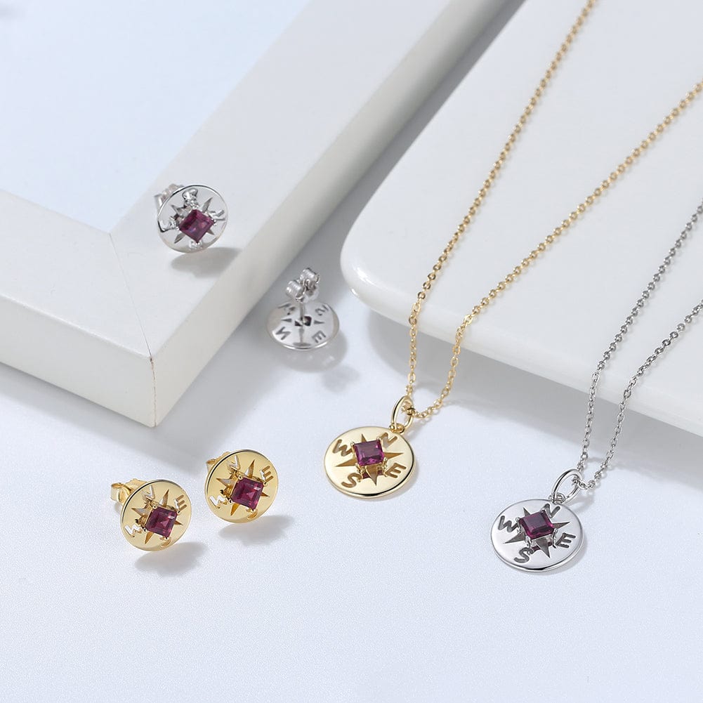 RINNTIN Personalized  You are my Compass Genuine 925 Sterling Silver Natural Garnet Gemstone Earring Studs Necklace Jewelry Set