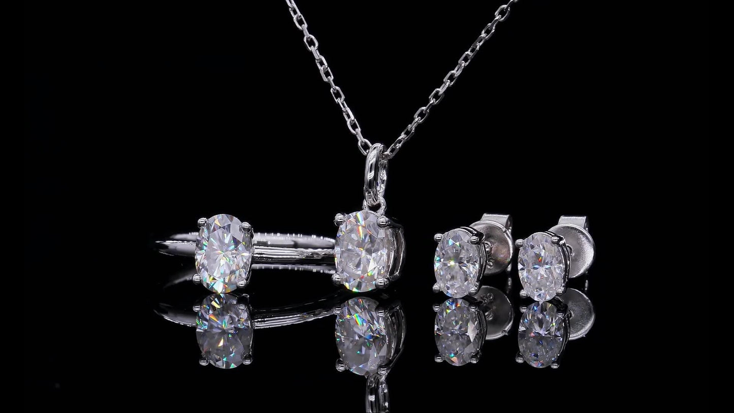 RINNTIN SMN30 Moissanite Pendant Necklace Set DE Color Oval Cut Diamond Sterling Silver Necklace Set for Women