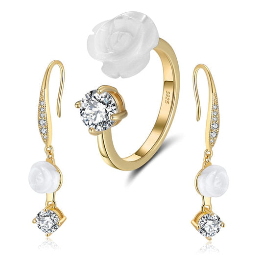 RINNTIN SR250 Fashion 14K Gold Plated Jewelry Set Natural Mother's Pearl 925 Sterling Silver Rings Earrings Sets for Womens