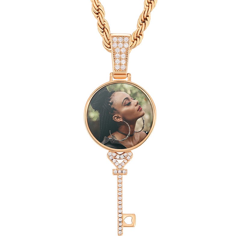 Rose Gold 14K 18K Gold Plated Zircon Picture Pendant Key Shape Custom Photo Pendant