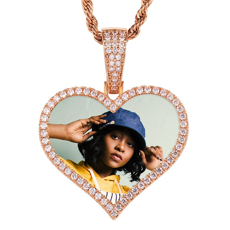 Rose Gold 18K Gold Plated Brass Zircon Custom Photo Pendant Iced Out Sublimation Heart Pendant