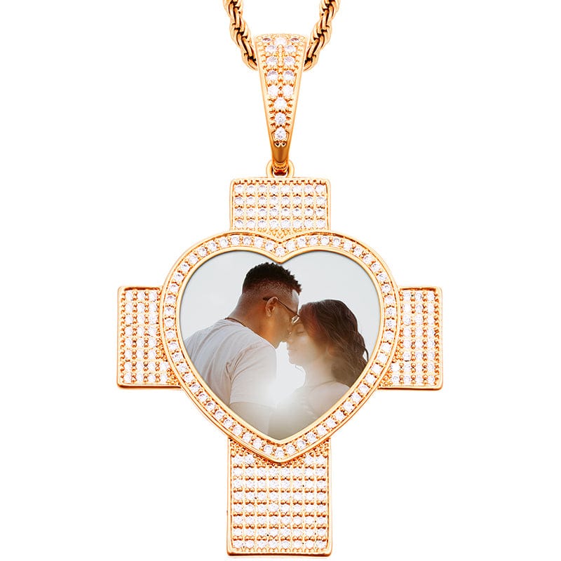 Rose gold 18K Gold Plated Cross Heart Charm Pendant Iced Out Zircon Custom Photo Pendant
