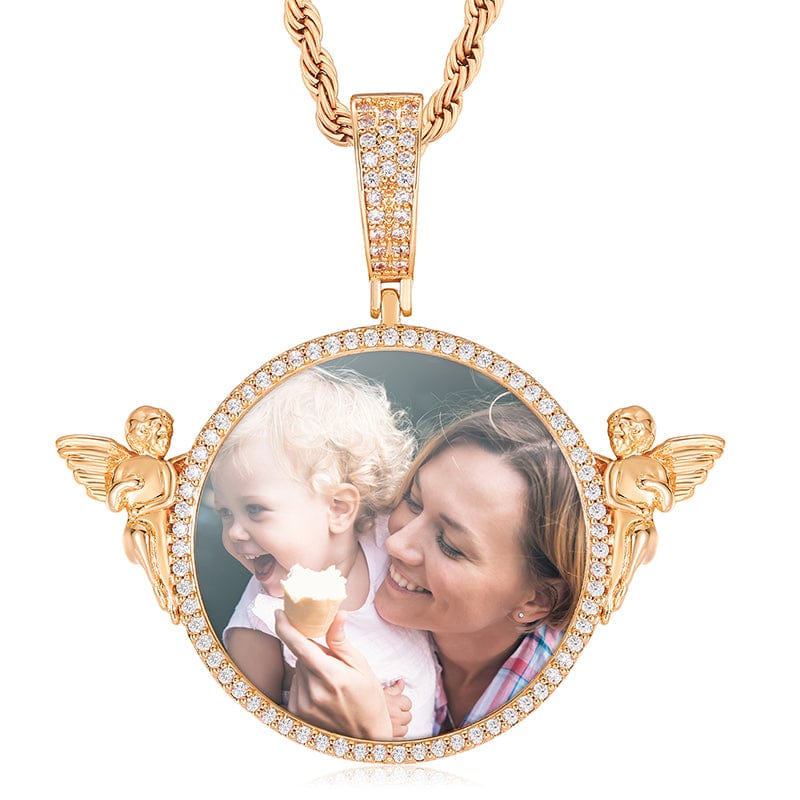 Rose Gold Angel Guard Custom Picture Necklace Iced Out 18K Gold Plated ZIrcon Photo Pendant With Chain