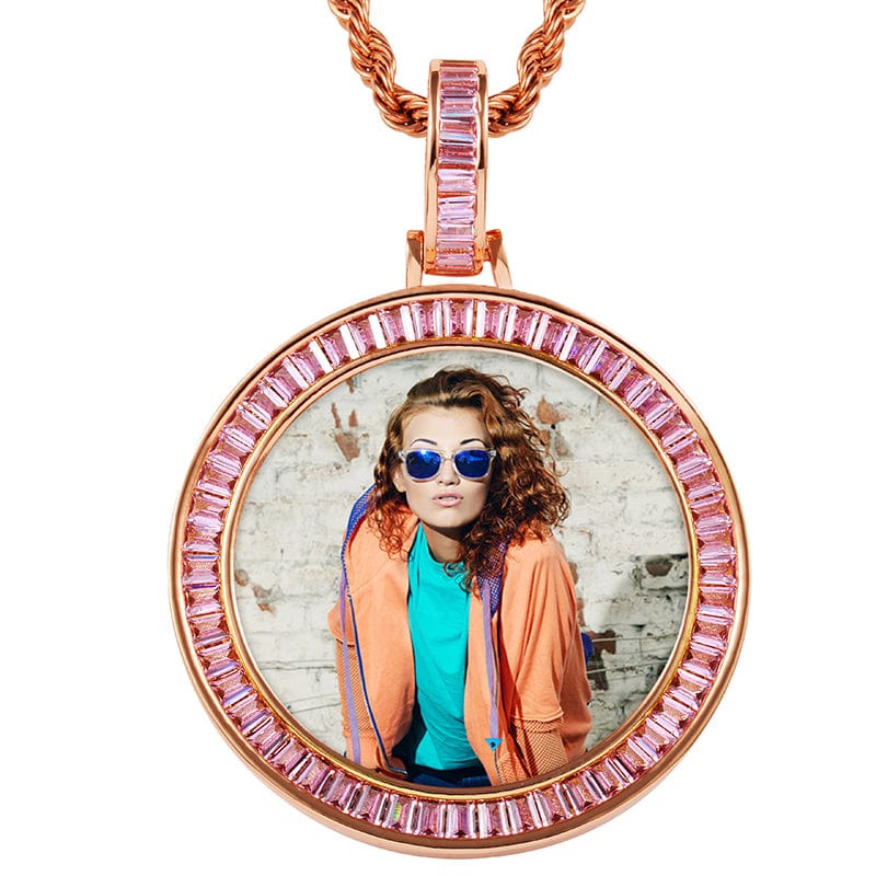 Rose Gold Baguette Crystal Gemstone Bling Bling Charms Necklace Hip Hop Round Sublimation Picture Pendant