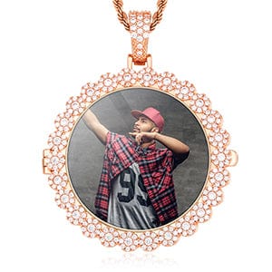 Rose Gold Custom Round Shape Hip Hop Charms Jewelry Gold Filled Necklace Crystal Cuban Chain Picture Pendent