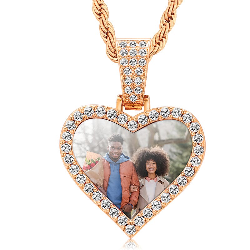 Rose gold Engrave Name 18K Gold Plated Heart Pendant Necklace Iced Out Custom Photo Pendant