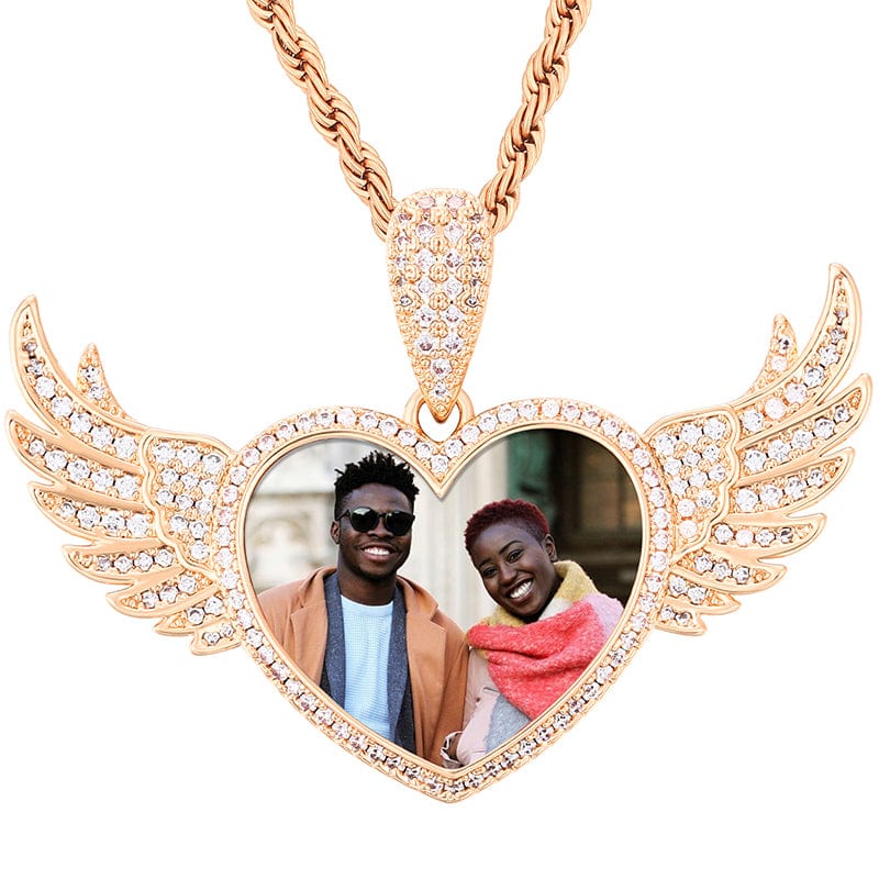 Rose gold Gold Plated Brass Iced Out CZ Stone Heart Wing Custom Photo Pendant With Chain