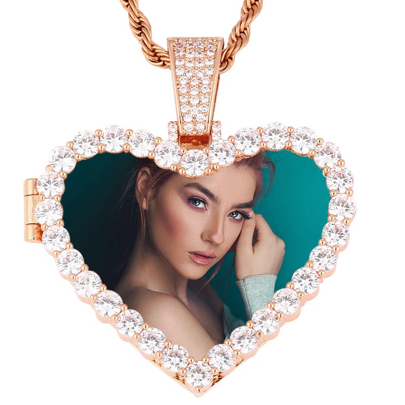 Rose gold Gold Plated Brass Iced Out Zircon Diamond Heart Locket Custom Photo Pendant Necklace