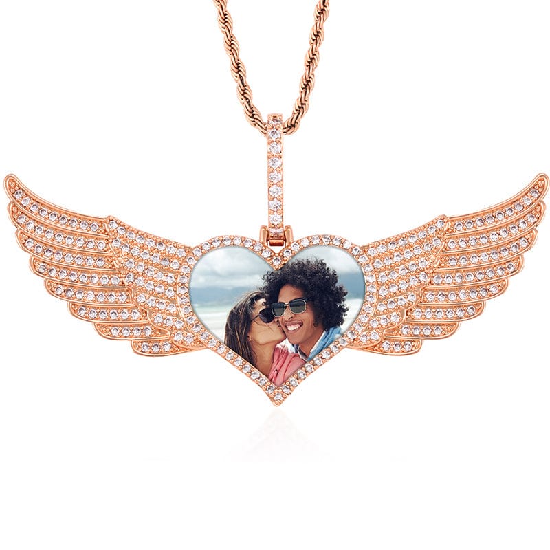 Rose gold Heart Wing Photo Pendant Gold Plated Jewelry Hip Hop CZ Diamond Photo Pendant