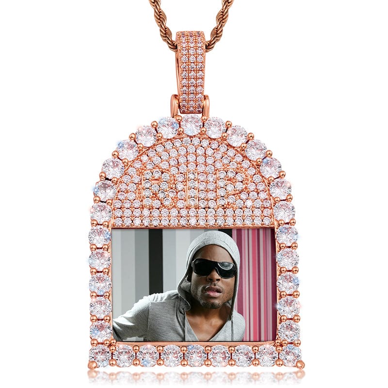 Rose Gold Hip Hop Charms Necklace Custom CZ Crystal Picture Pendant With RIP Logo