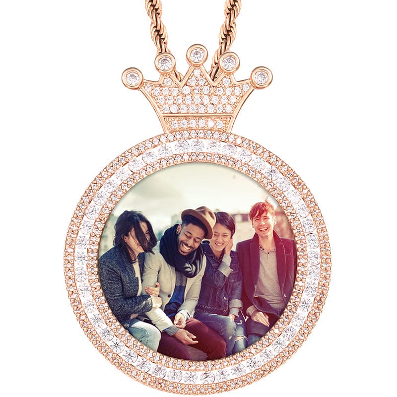 Rose Gold Hip Hop Crown Charms Locket Necklace Pendant Iced Out Crystal Picture Pendant With Cuban Chain