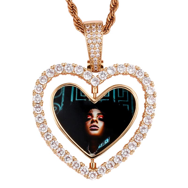 Rose Gold Hip Hop Rotating Heart Locket Charms Pendant Custom Minimalist Sublimation Blanks Crystal Picture Frame Pendant