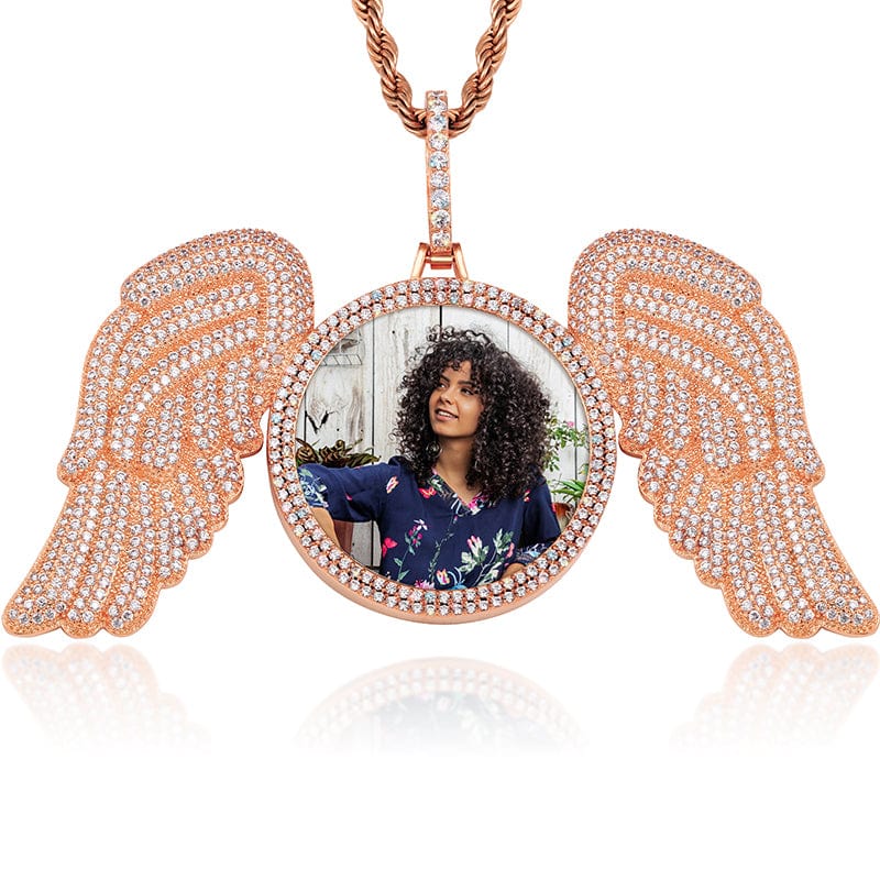 Rose gold Hot Selling 18K Gold Plated Brass Zircon Iced Out Big Wing Photo Pendant With Rope Chain