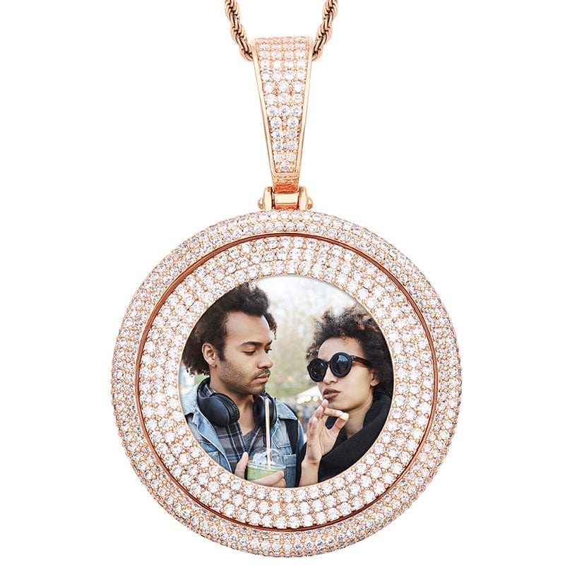 Rose Gold Micro Pave Zircon Rotatable Custom Photo Pendant Bling Gold Plated Sublimation Photo Pendants