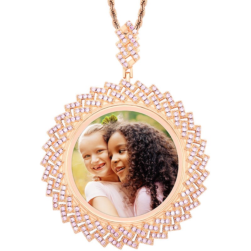 Rose Gold-Pink Hip Hop Jewelry Necklace 18K Gold Plated Colorful Zircon Iced Out Custom Photo Memory Pendant