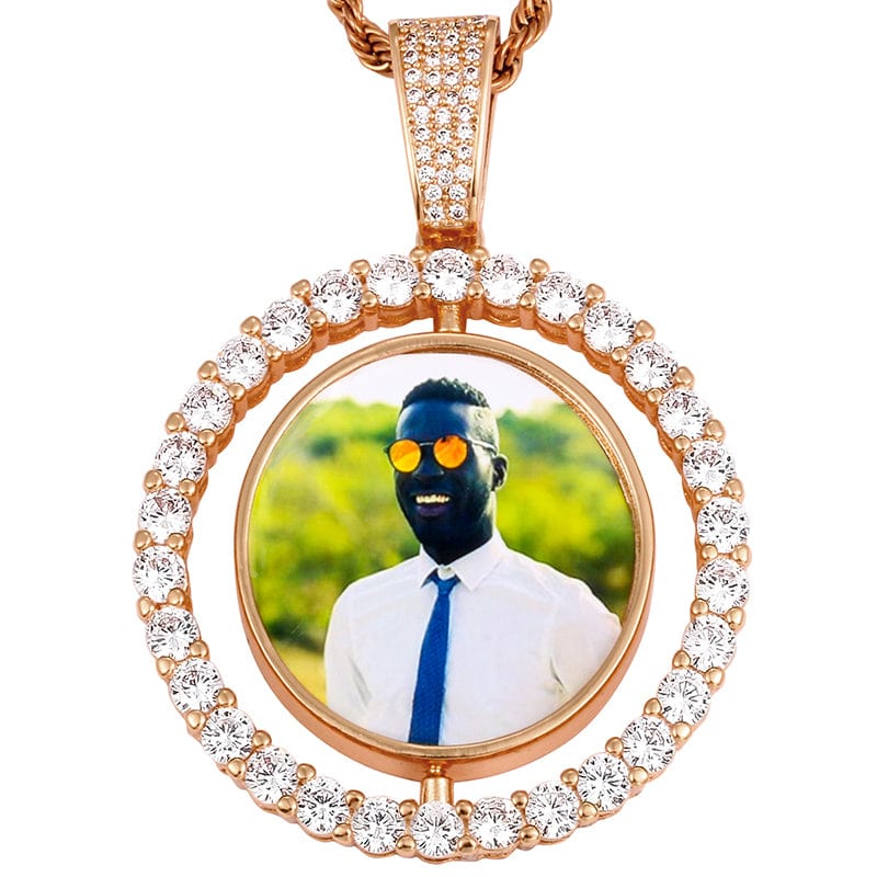Rose Gold Round Sublimation Jewelry Blanks Necklace Hip Hop Rotating Photo Frame Memorial Pendant With Custom Picture
