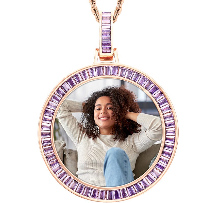 Rose Gold Simplism Charms Necklace Custom Purple Baguette Gemstone Picture Pendant