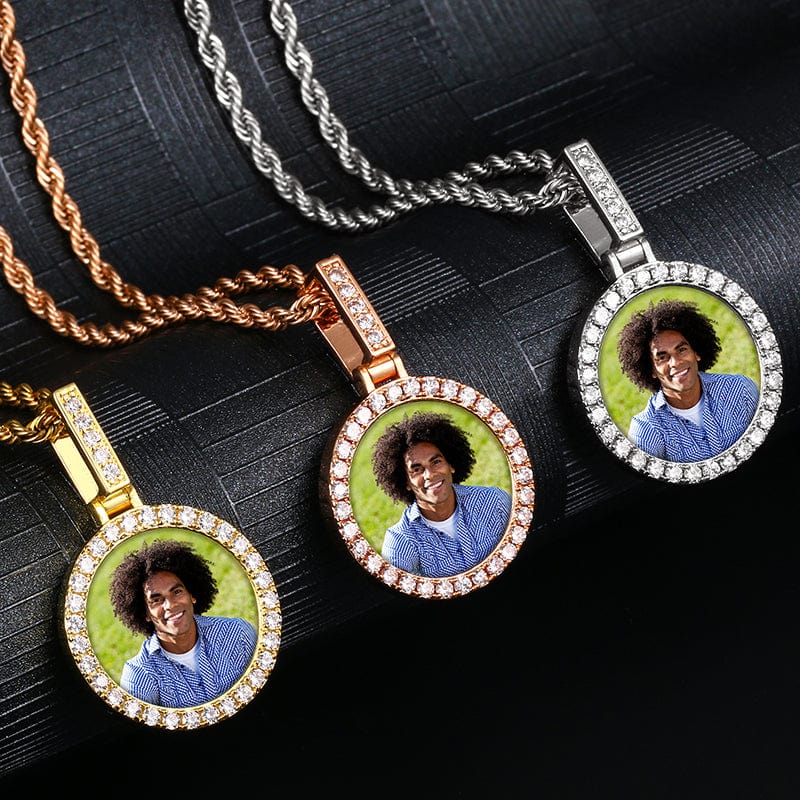 Round Gold Plated Zircon Gemstone Custom Photo Pendant Necklace