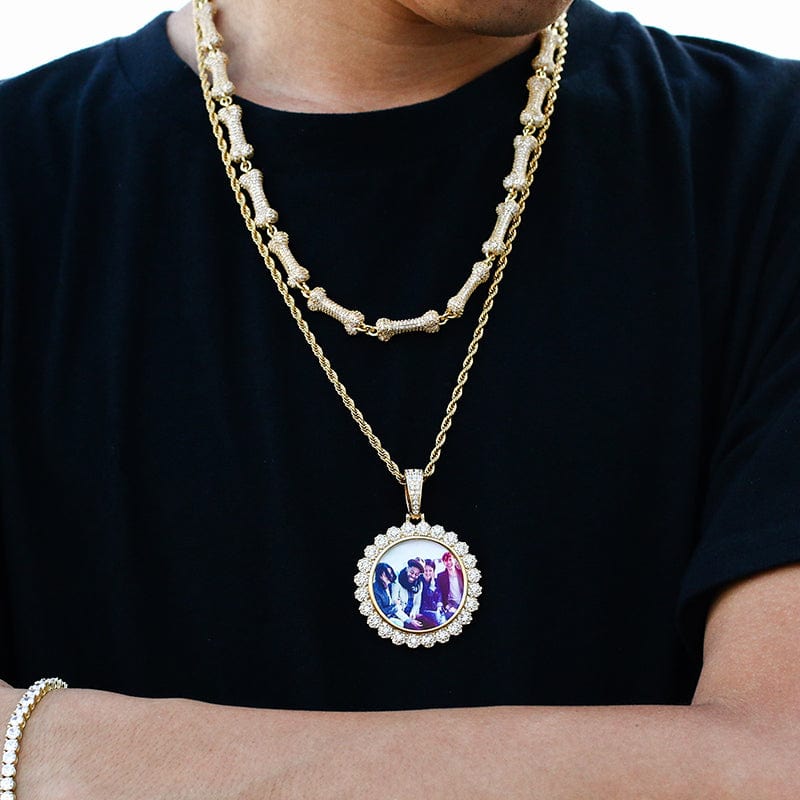 Round Hip Hop Gold Plated Jewelry Necklace Photo Pendant Iced Out Flower Crystal Charms Picture Pendant
