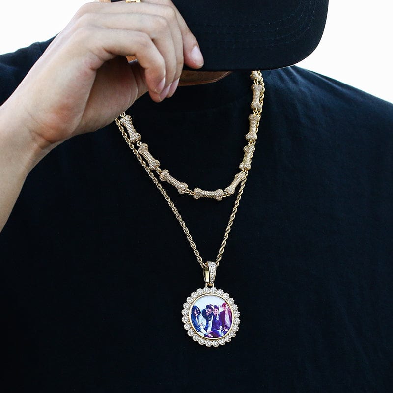 Round Hip Hop Gold Plated Jewelry Necklace Photo Pendant Iced Out Flower Crystal Charms Picture Pendant