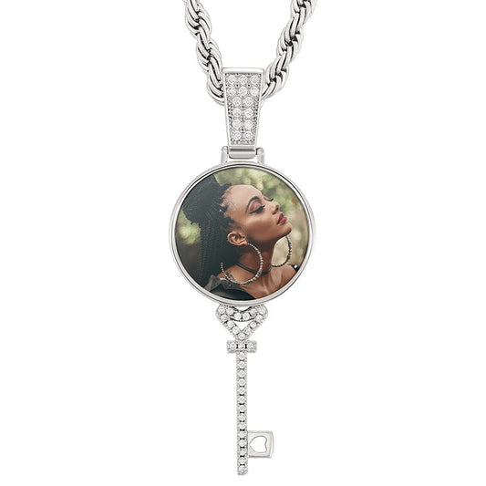 Silver 14K 18K Gold Plated Zircon Picture Pendant Key Shape Custom Photo Pendant