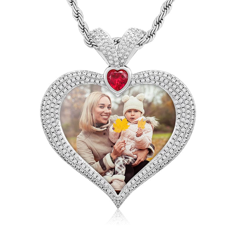 Silver 18K Gold Plated Brass 5A Zircon Diamond Heart Shape Custom Photo Pendant With Ruby