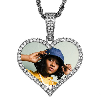 Silver 18K Gold Plated Brass Zircon Custom Photo Pendant Iced Out Sublimation Heart Pendant