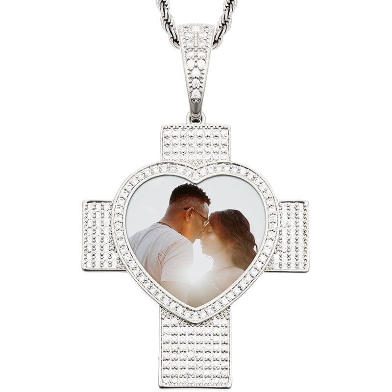 Silver 18K Gold Plated Cross Heart Charm Pendant Iced Out Zircon Custom Photo Pendant