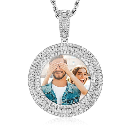 Silver 43mm Round Shape Gold Plated Copper 5A CZ Diamond Custom Picture Pendant Necklace
