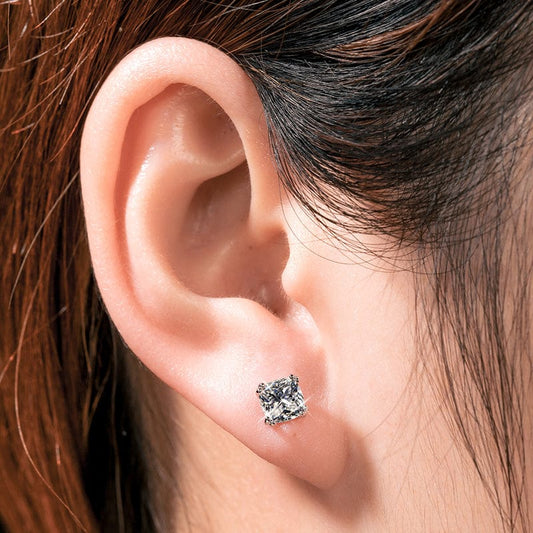 925 Sterling Silver  Stud Earring -  Princess Cut VVS Moissanite Diamond  Earrings,
