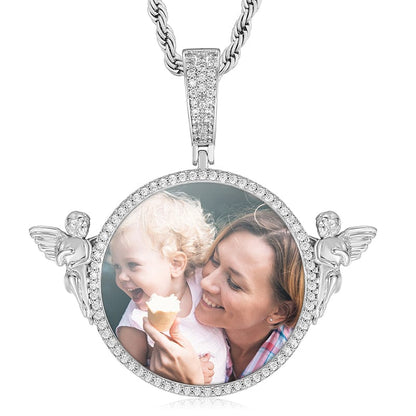 Silver Angel Guard Custom Picture Necklace Iced Out 18K Gold Plated ZIrcon Photo Pendant With Chain