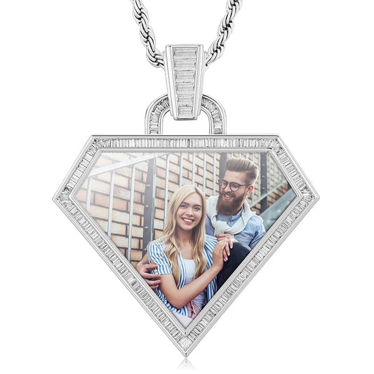 Silver ashion Personalize Sublimation Blank Diamond Shape Baguette Zircon Custom Photo Frame Pendant Necklace