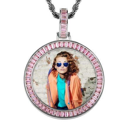 Silver Baguette Crystal Gemstone Bling Bling Charms Necklace Hip Hop Round Sublimation Picture Pendant