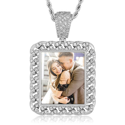 Silver Cuban Shape Custom Photo Pendant Wholesale Gold Plated Zircon Diamond Picture Pendant Necklace