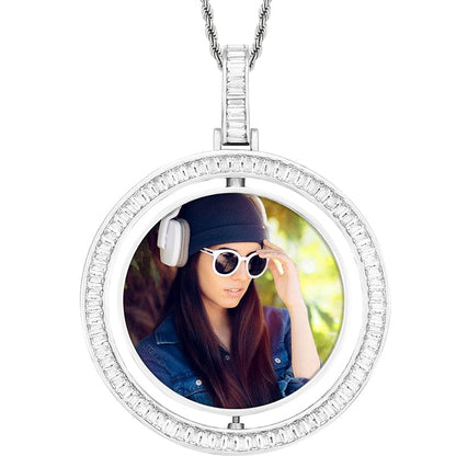 Silver Custom Round Two Side Spin Gold Plated Jewelry Necklace Photo Pendant Iced Out Baguette Crystal Picture Pendant