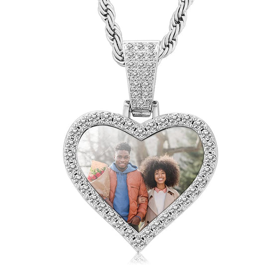 Silver Engrave Name 18K Gold Plated Heart Pendant Necklace Iced Out Custom Photo Pendant