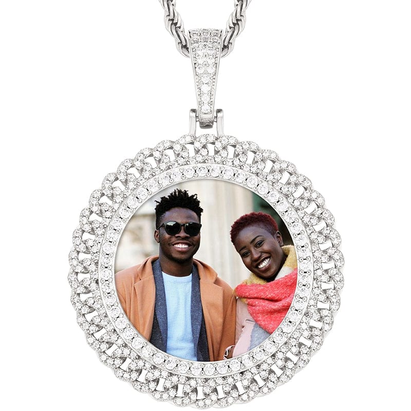 Silver Gold Plated Brass CZ Stone Round Cuban Link Shape Custom Photo Pendant