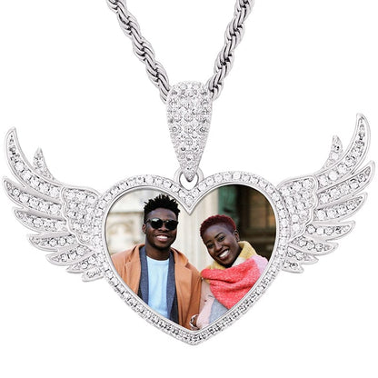 Silver Gold Plated Brass Iced Out CZ Stone Heart Wing Custom Photo Pendant With Chain