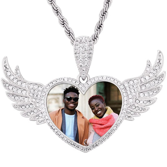 Silver Gold Plated Brass Iced Out CZ Stone Heart Wing Custom Photo Pendant With Chain
