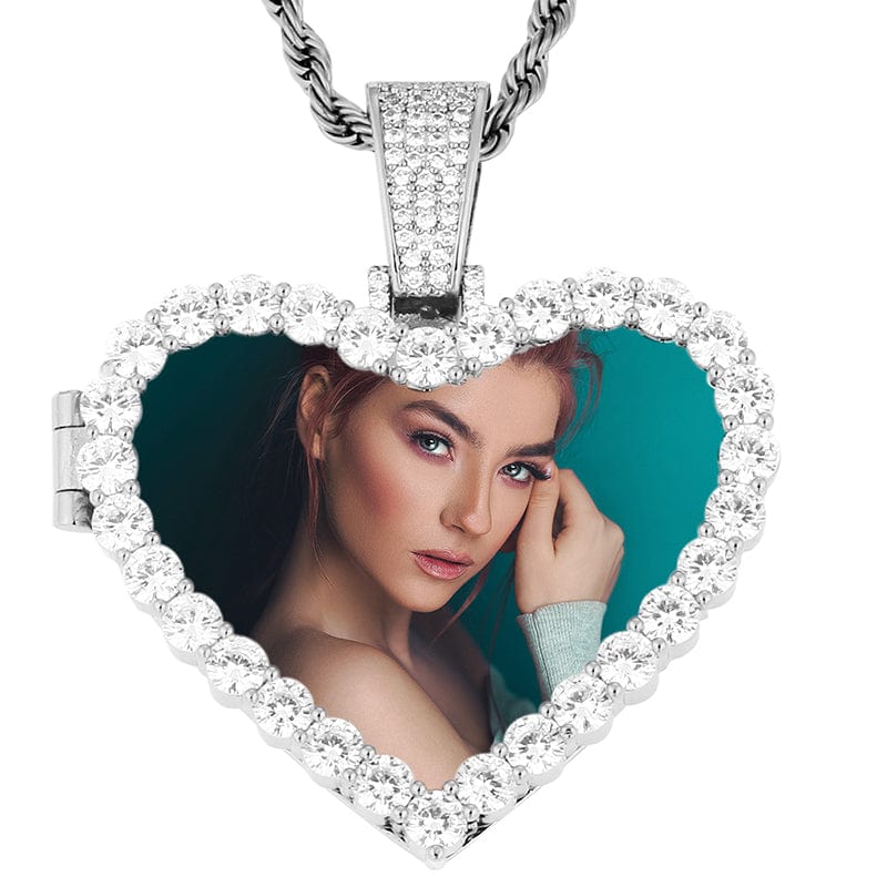 Silver Gold Plated Brass Iced Out Zircon Diamond Heart Locket Custom Photo Pendant Necklace