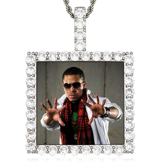 Silver Gold Plated Brass Square Prong Setting CZ Stone Custom Photo Pendant For Men Women