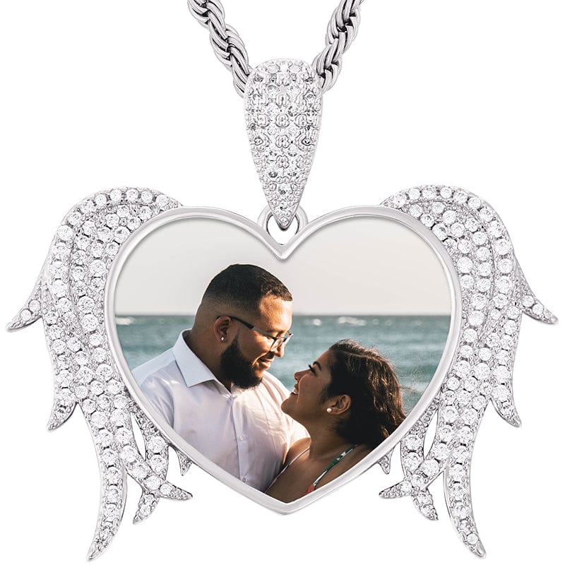 Silver Gold Plated Heart Wing Custom Photo Pendant Hip Hip Men Women Iced Out Charm Pendant Necklace