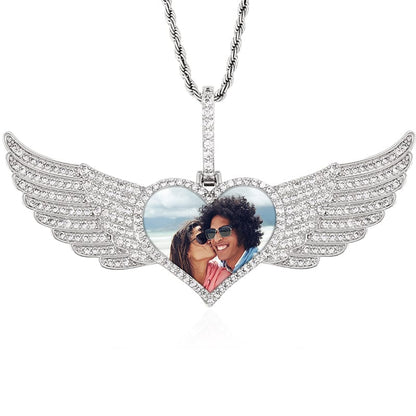 Silver Heart Wing Photo Pendant Gold Plated Jewelry Hip Hop CZ Diamond Photo Pendant