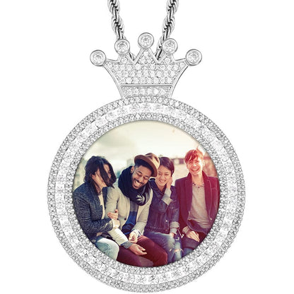 Silver Hip Hop Crown Charms Locket Necklace Pendant Iced Out Crystal Picture Pendant With Cuban Chain