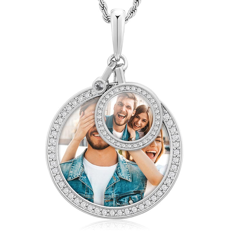 Silver Hip Hop Jewelry Iced Out Size Circle Memory Photo Frame Pendant Necklace