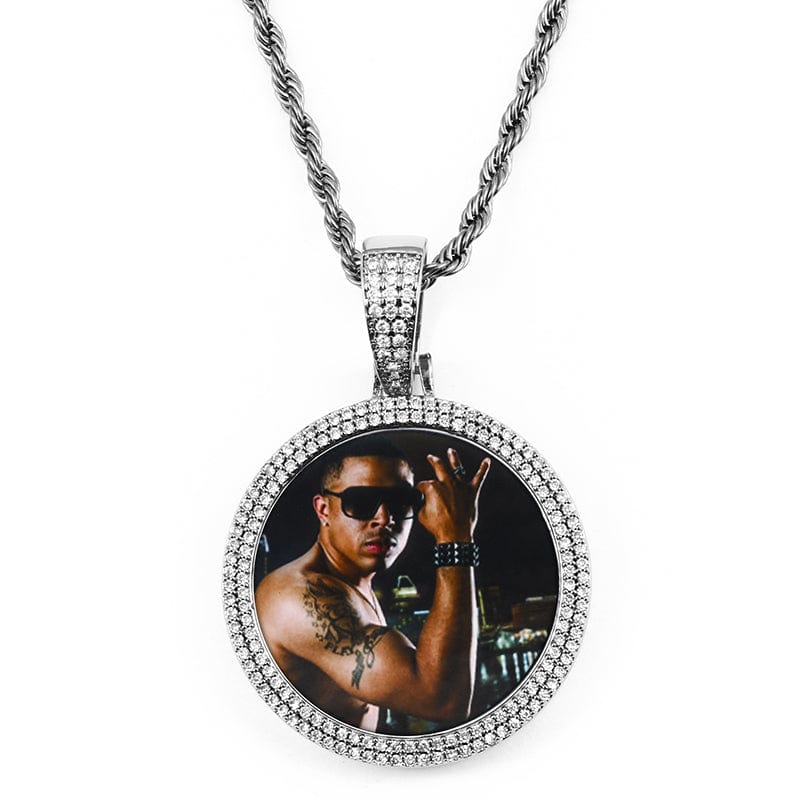 Silver Hip Hop Pendant Charms Necklace Custom Engraved Picture Pendant With Chain