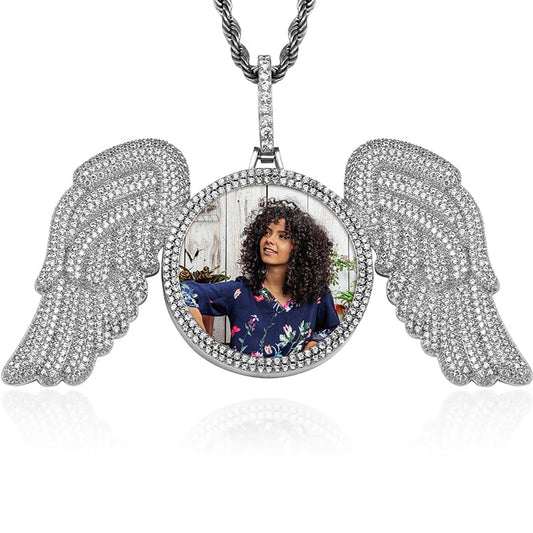 Silver Hot Selling 18K Gold Plated Brass Zircon Iced Out Big Wing Photo Pendant With Rope Chain