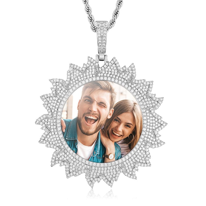Silver Hot Sun  Custom Photo Necklace Iced Out Picture Frame Charm Pendant With Chain