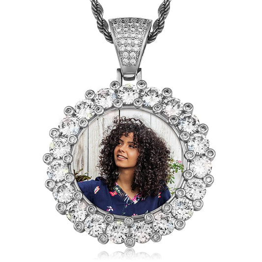 Silver Iced Out Custom Photo Necklace Hip Hop Sublimation Jewelry Blank Picture Pendant
